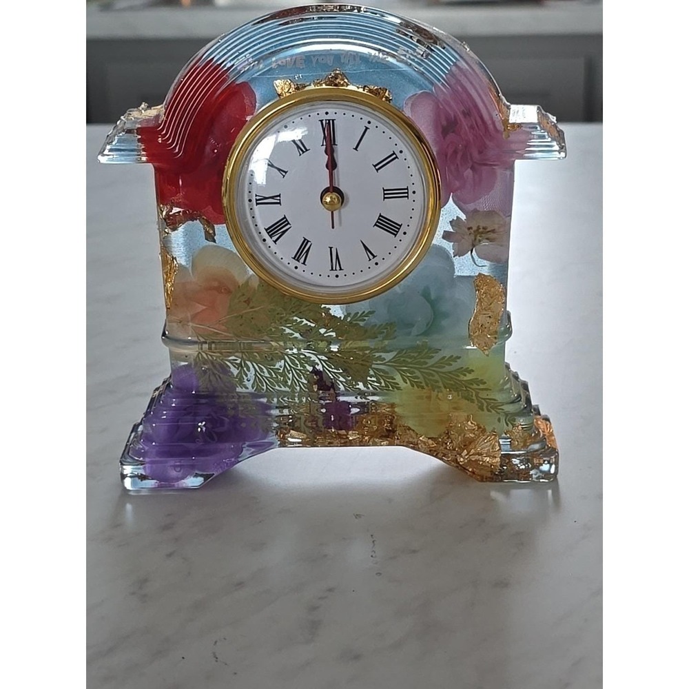 Handmade‎ Resin Desk Clock Decoration Gift Clear With Multi Colored Flowers 733